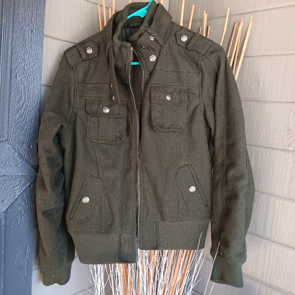 Platinum Lady's Wool Blend Cool Deep Army Green Bomber Jacket